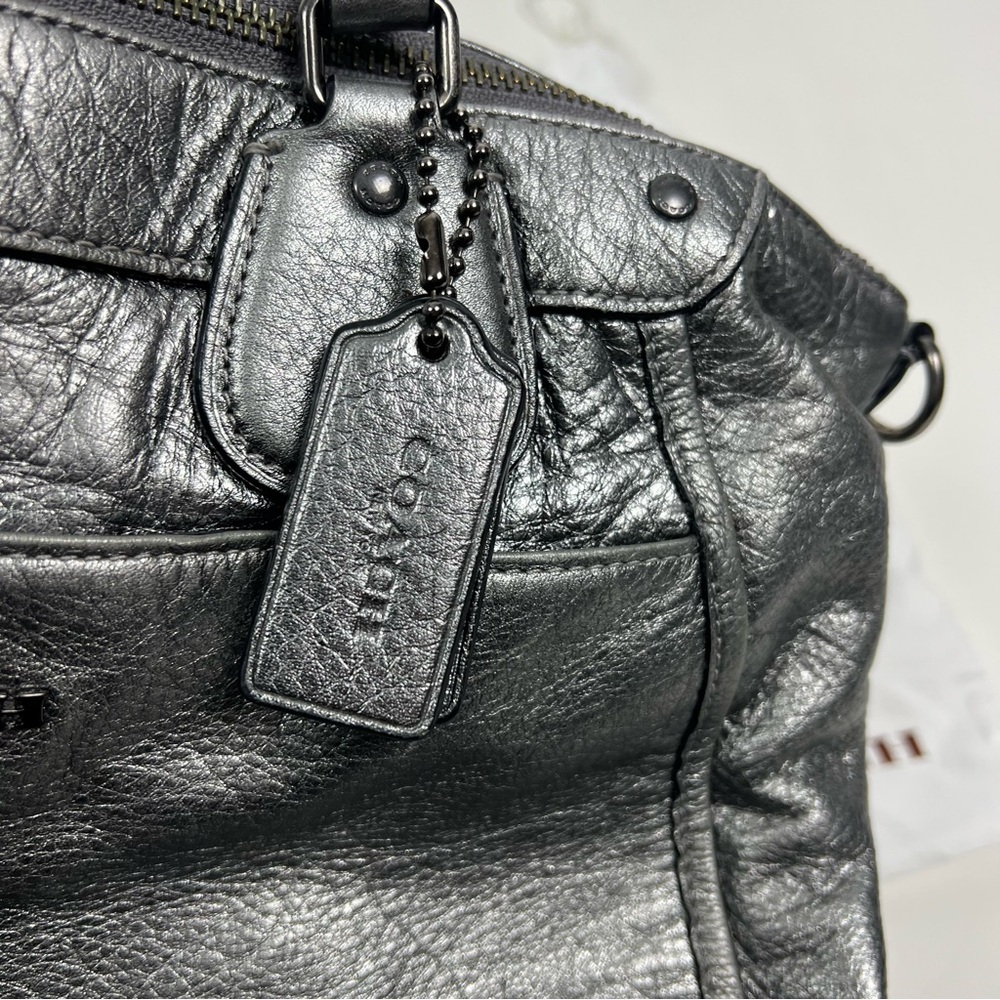 Coach Mickie Satchel Purse Metallic Pewter Gunmetal Gray Leather - Picture 4 of 10
